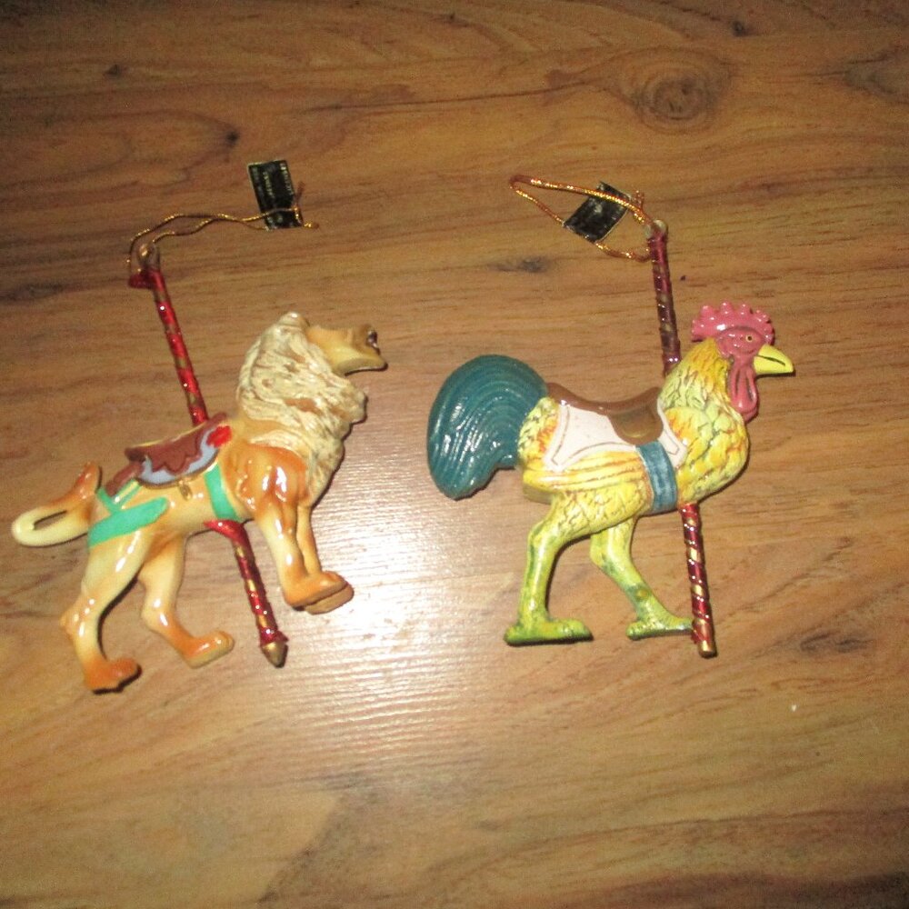 2 Smithsonian Museum Vintage Carousel Rooster & Lion ornament